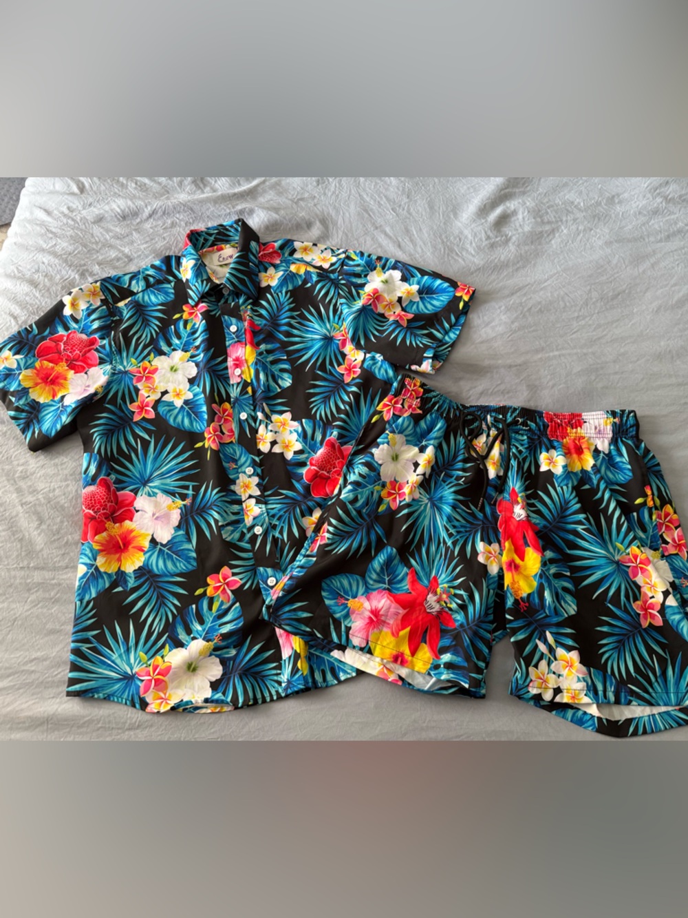 Men's Tropical Floral Button-Up Shirt & Shorts Set - Black with Bright Florals